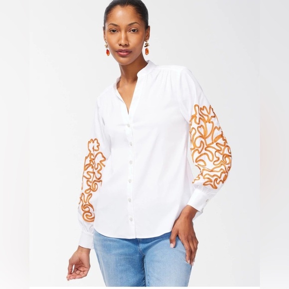 NWT Chico’s Poplin Embroidered Shirt Button Down Women’s L White Accent Sleeves - Picture 1 of 12